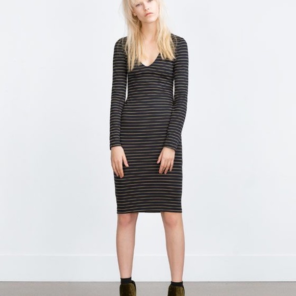 Zara Trafaluc Striped Knit Midi Dress – Long Sleeve – Black/Gold – Size S - Picture 1 of 8